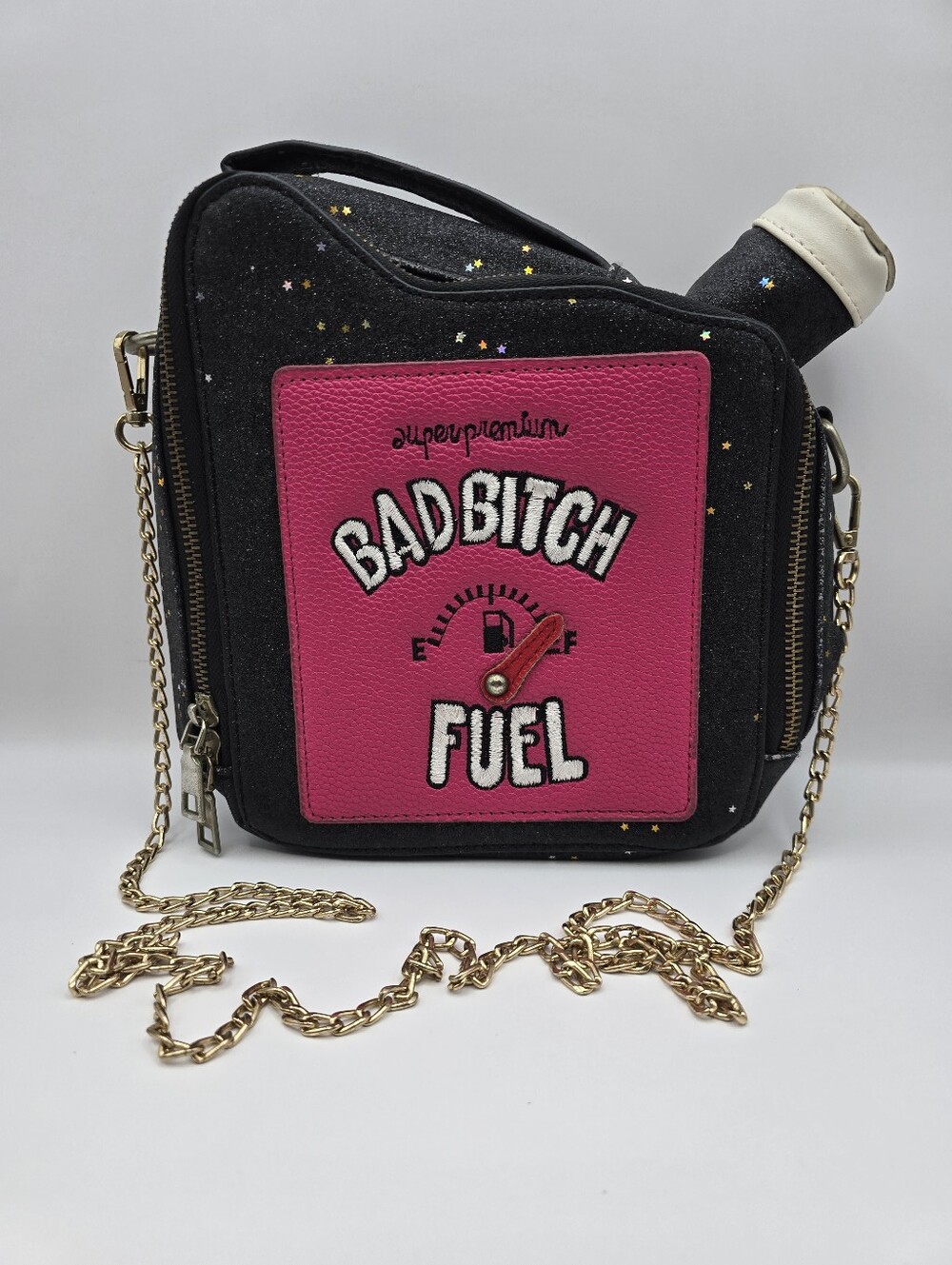 Bad B*tch Fuel Black & Pink Sparkly Canister Shaped Novelty Crossbody Bag
